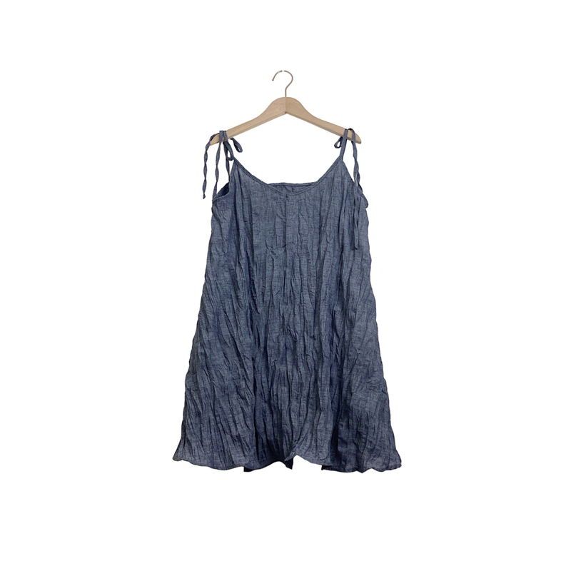 藍-皺皺布吊帶裙